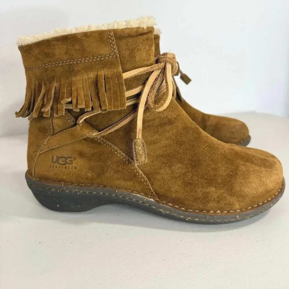 UGG Gaviota Suede Fringe Ankle Boots Womens Size 9 Brown Style 5749 - Picture 2 of 12